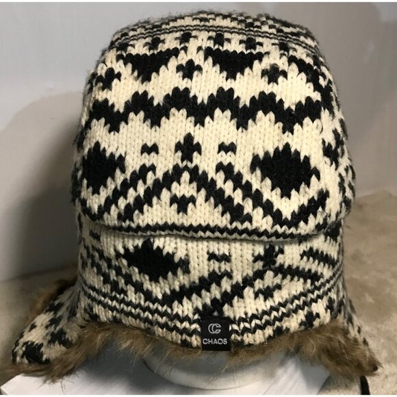 Chaos Trapper Hat Faux Fur Lined Knit Ear Flaps Tie Strings One Size Black White - Picture 3 of 11